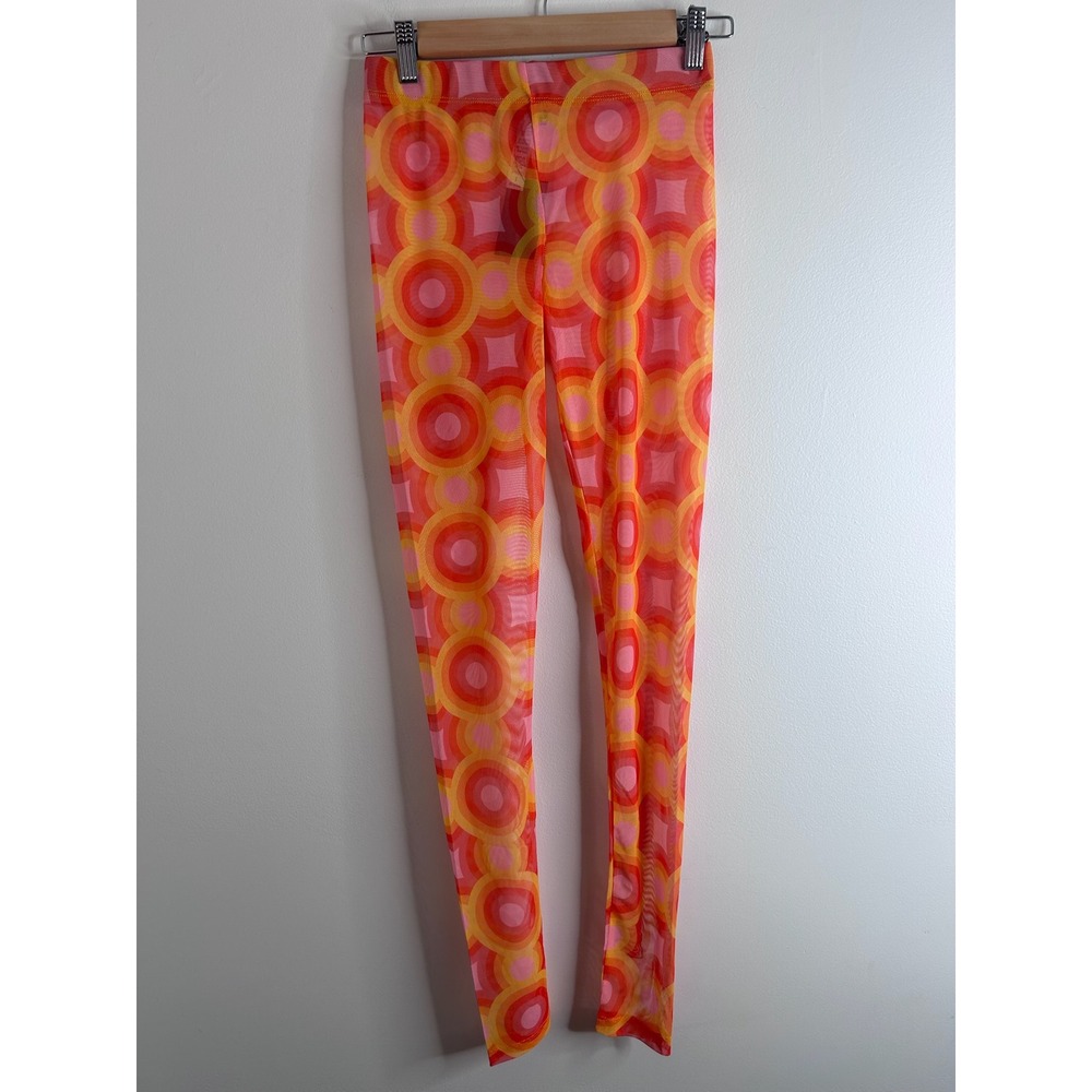 Retro Mesh Leggings Women Small Orange Pink Psychedelic 60s Retro Sheer Festival